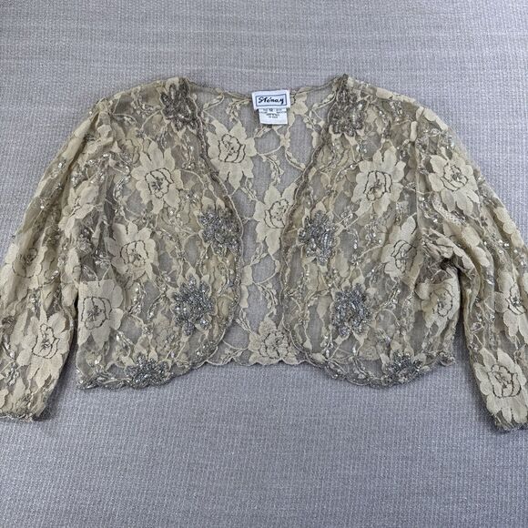 Vintage Glam Stenay Beaded Lace Shrug Bolero Ivory Tan Holiday Party Wedding M - Picture 1 of 9